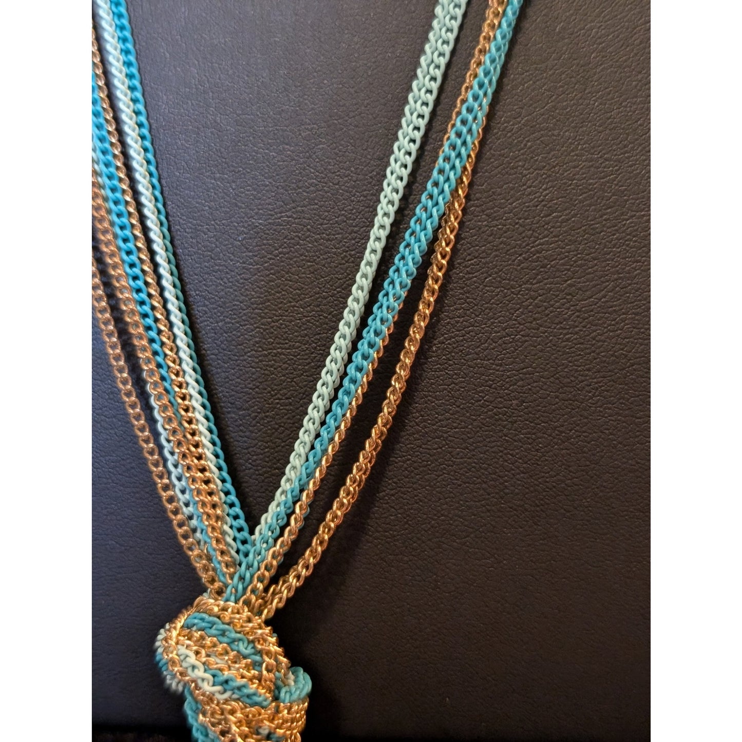 Multi-Blue & Gold Chain Knotted Tassel Long Necklace