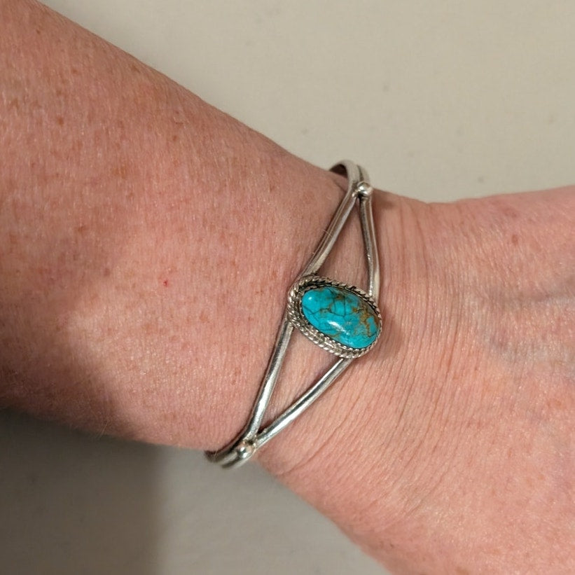 Vintage Signed LR Sterling Native American Southwestern Turquoise Cuff Bracelet