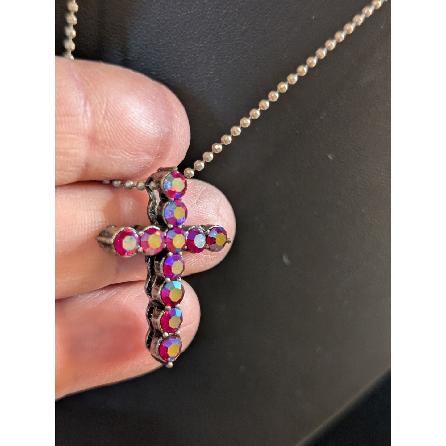 Pink AB Aurora Borealis Crystal Cross Necklace W/ Beaded Silver Tone Chain