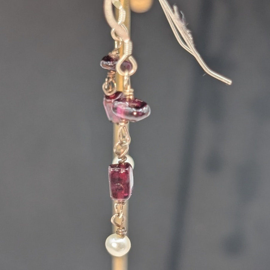 Vintage Garnet Bead Pearl 925 Sterling Silver Dangle Wire Earrings