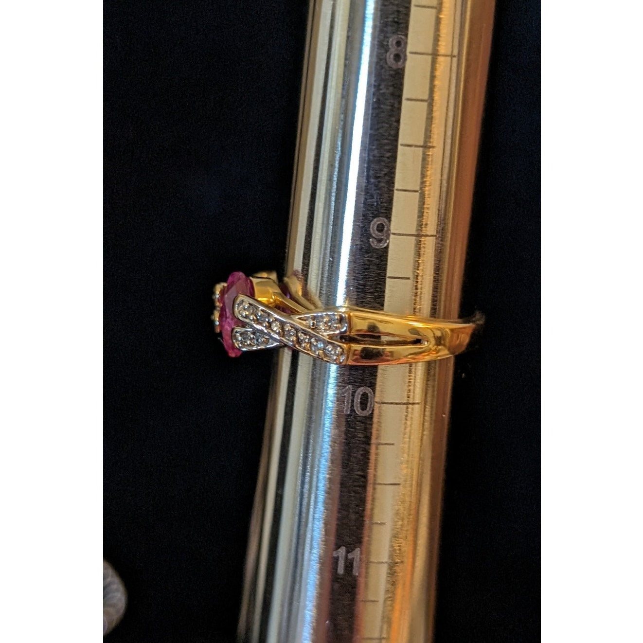 14K Gold Natural Pink Tourmaline & Diamond Criss Cross Band Ring Size 9.5