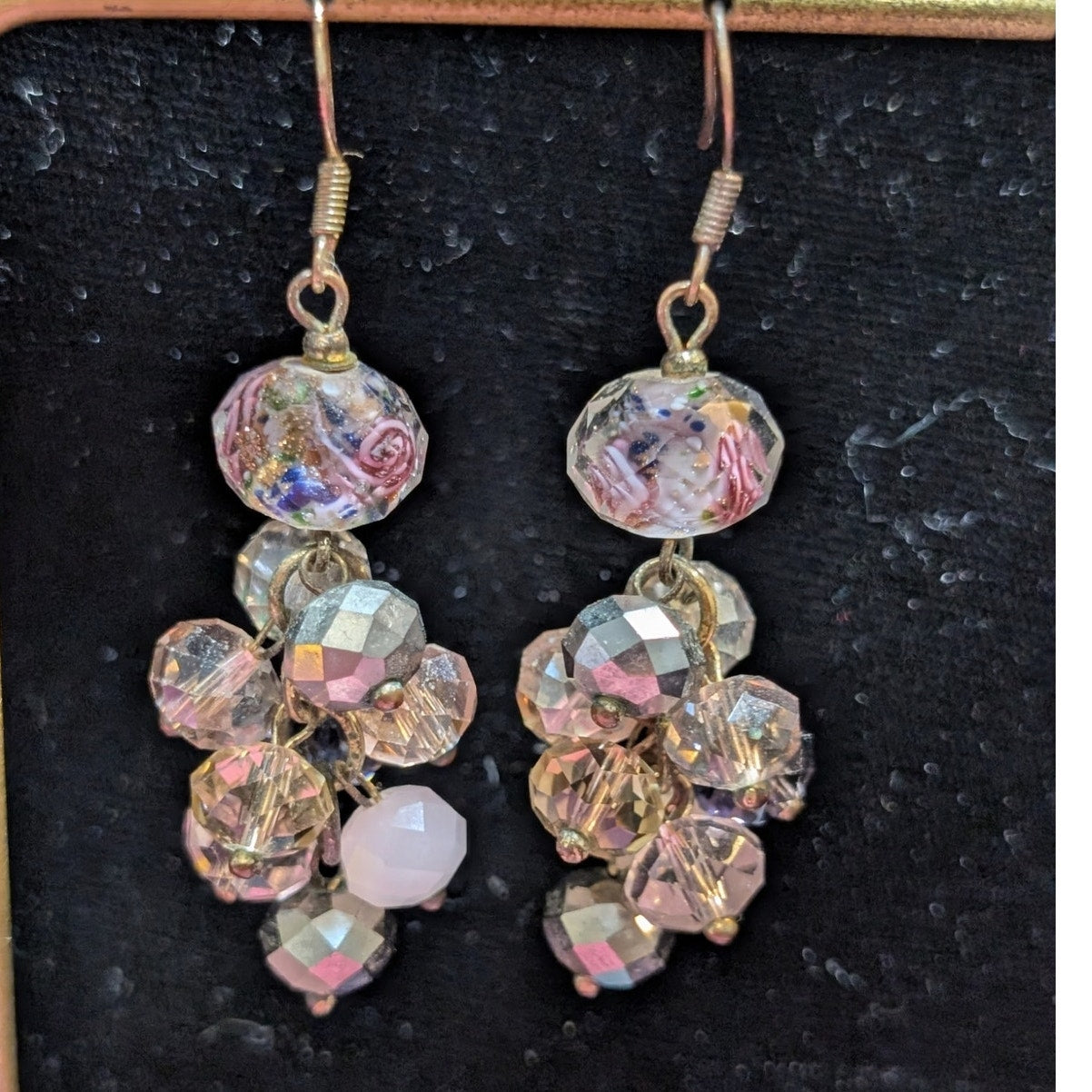 Rose Lampwork & Crystal Bauble Cluster Bead Dangle Earrings
