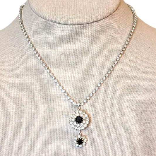 Vintage Black & White Double Drop Pendant Rhinestone Necklace W/ Foldover Clasp