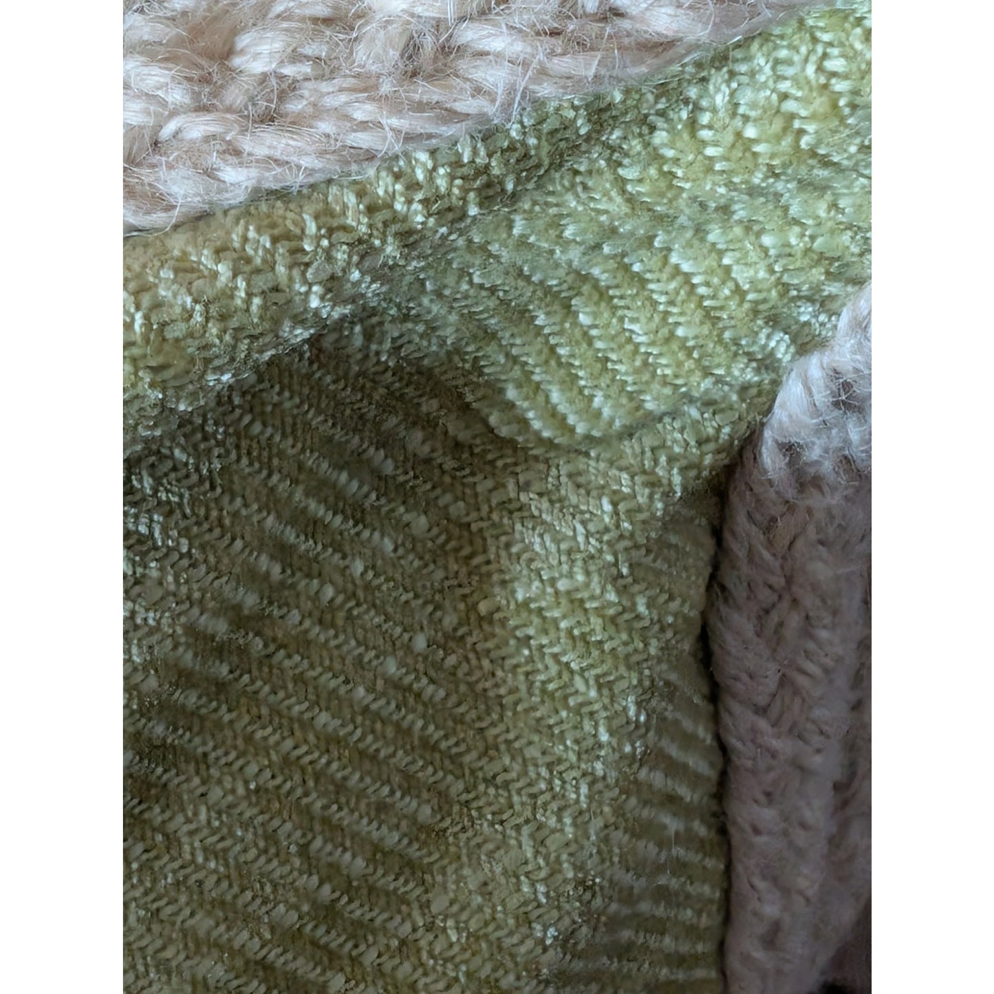 Green Chenille Jute Braided Trim Linen Look Zippered Back Feather Fill Pillow