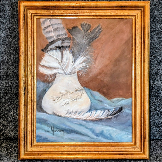 Original Signed J.Z. Massey Feathers in Vase Bronze Gilt Wood Framed Painting