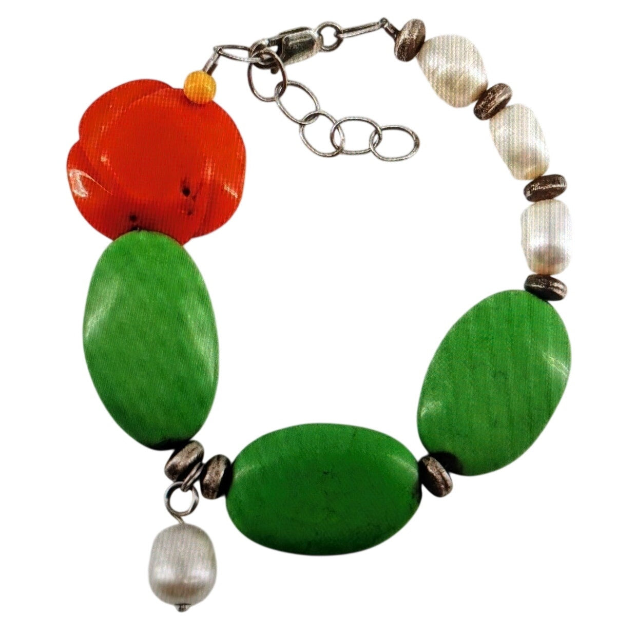 Sterling Silver Pearl, Coral Rose and Green Turquoise 8-9" Beaded Bracelet 36.2g