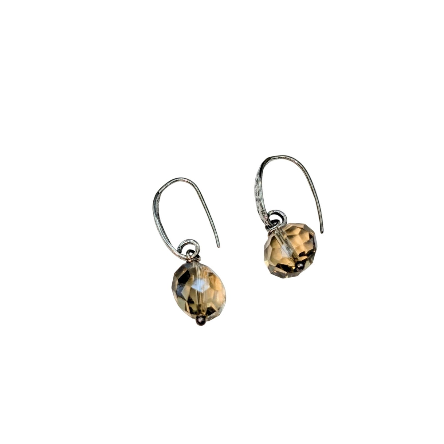 VTG Hammered 925 Sterling Silver Champagne Faceted Glass Bead Dangle Earrings
