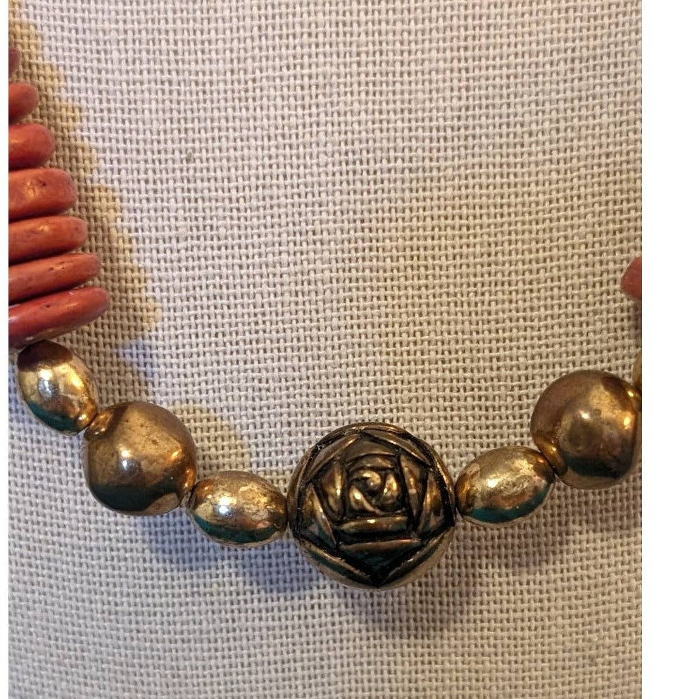 Vintage Tribal Red Coco Wood Gold Tone Rose Bead Hook Closure Necklace