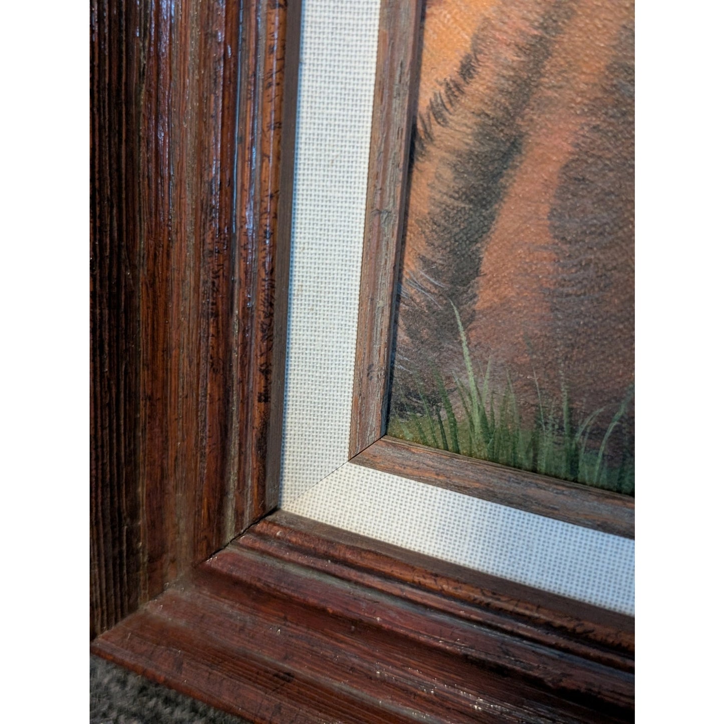 Vintage Original Wood Framed Tiger Painting on Canvas Signed Marianne