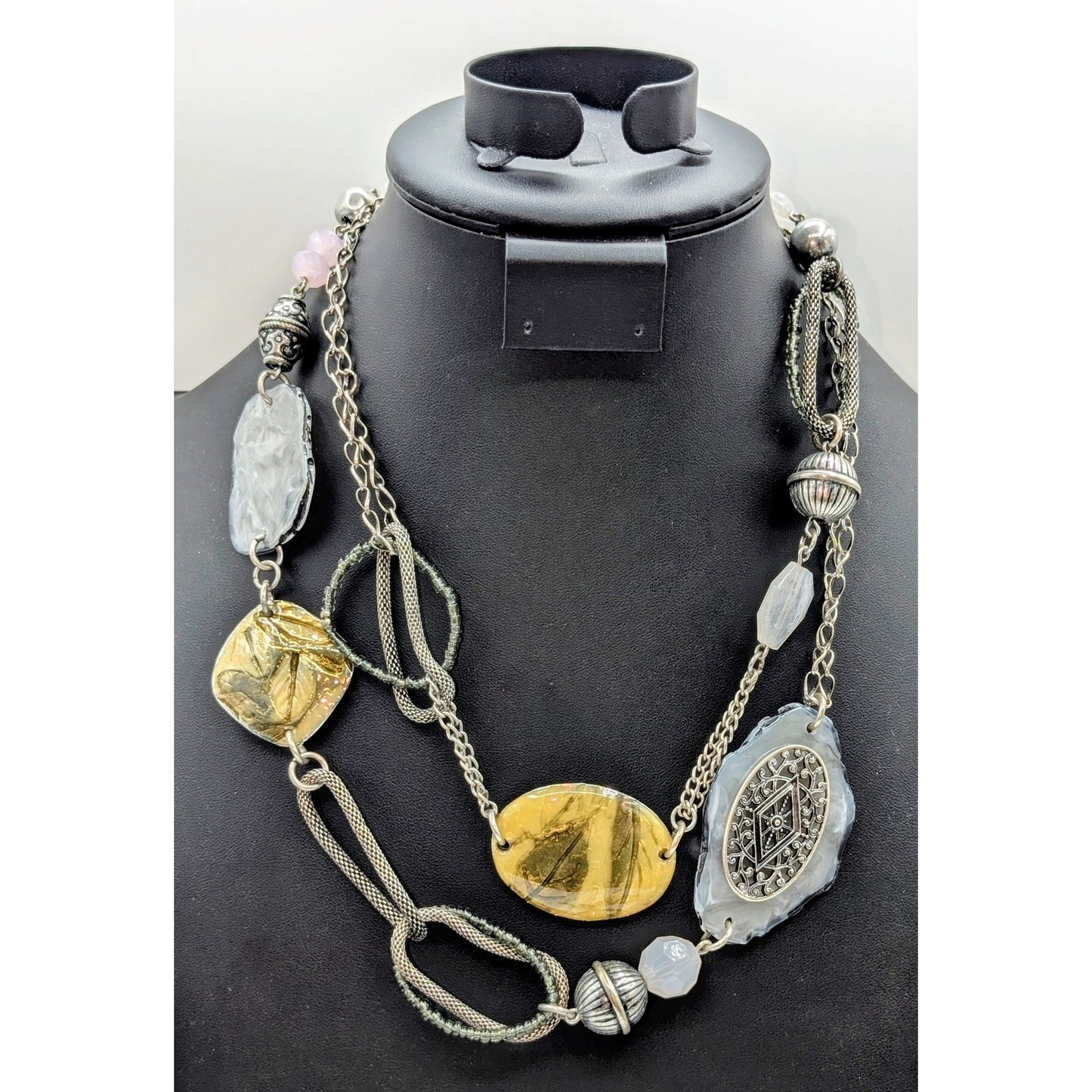 Chico's Silver Tone Multi-Bead Station Approximately 44" Long Necklace