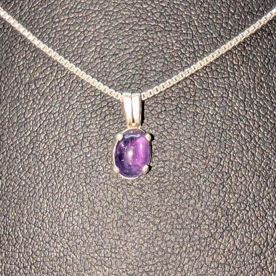 Vintage Sterling Silver Amethyst Cabochon Pendant Box Chain 16" Necklace