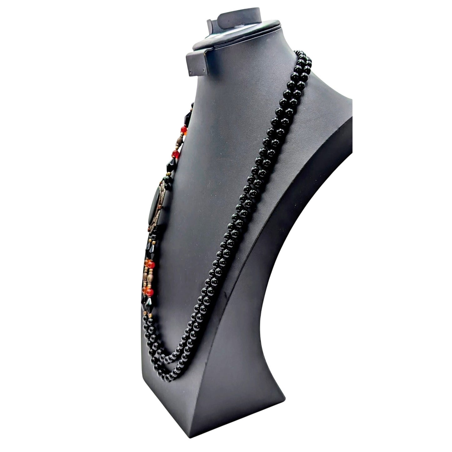 VTG Sterling Double Strand Black Onyx/Tourmaline Carnelian Marcasite Necklace