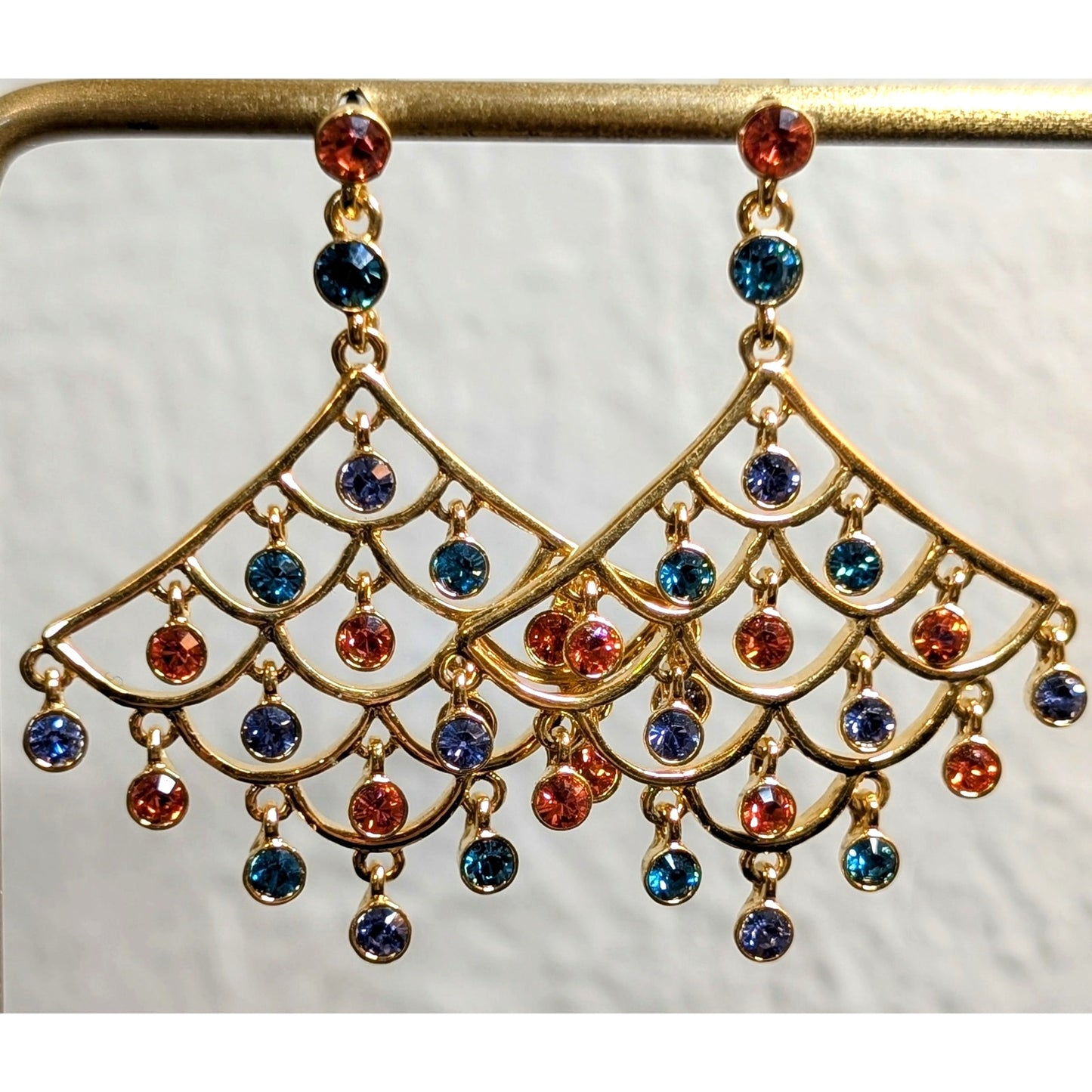 Gold Tone Rainbow Crystal Dangle Earrings