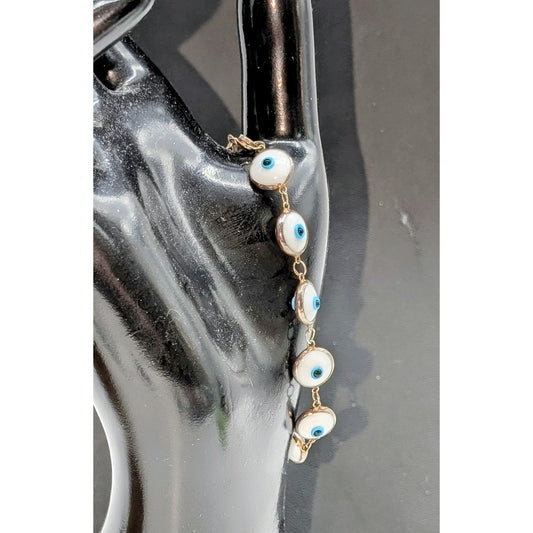 Vintage 925 Sterling Silver Bezel Set White Glass Eye Bead Chain Bracelet