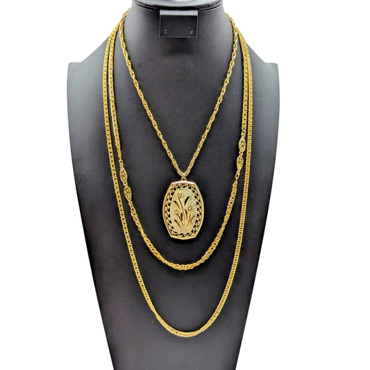 Vintage Gold Tone Triple Strand Layered Chain Pendant 32" Necklace