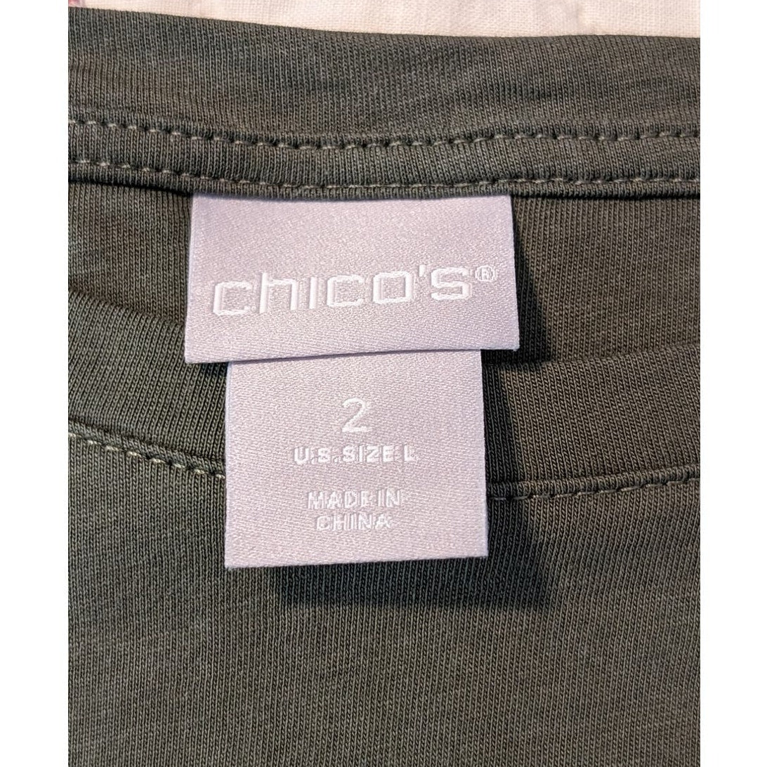 Chico's  Short Sleeve Olive Green Eyelet Side/Back High Low Hem Top Womens Sz 2