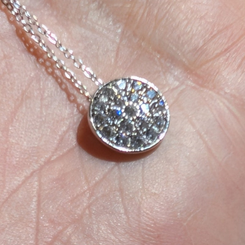 Vintage 925 Sterling Silver Pave CZ 1/2" Round Pendant 18" Chain Necklace