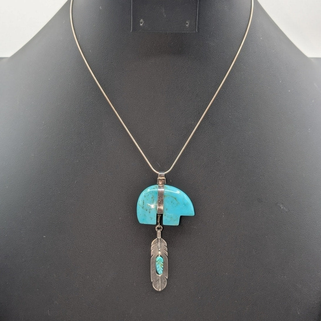 SJC Sundancer 925 Sterling Turquoise Bear Fetish Dangling Feather 16" Necklace