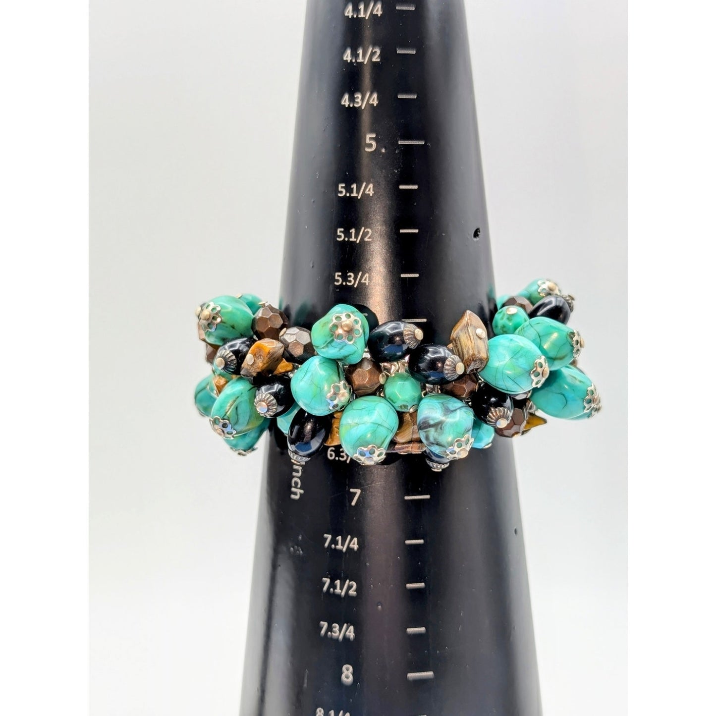 Turquoise & Black Acrylic Bead & Tiger's Eye Stone Chip Stretch Cha Cha Bracelet