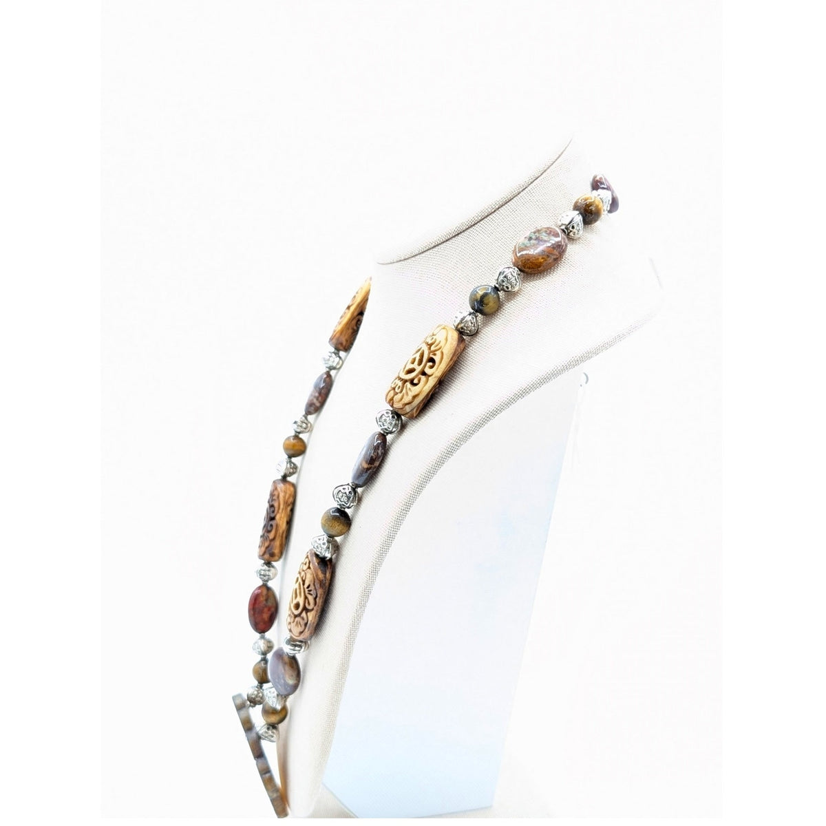 Silver Tone Jasper & Tiger's Eye Carved Resin & Carved Stone Pendant Necklace