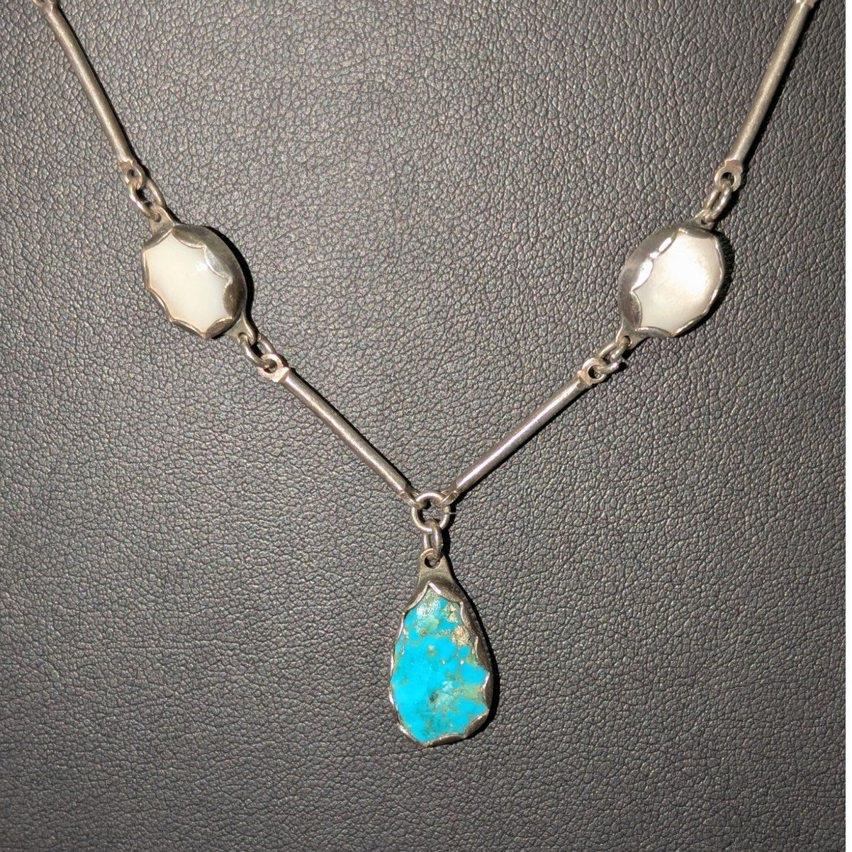 Vtg Sterling Signed Hand Set Turquoise & Mother of Pearl Bar Chain Drop Necklace