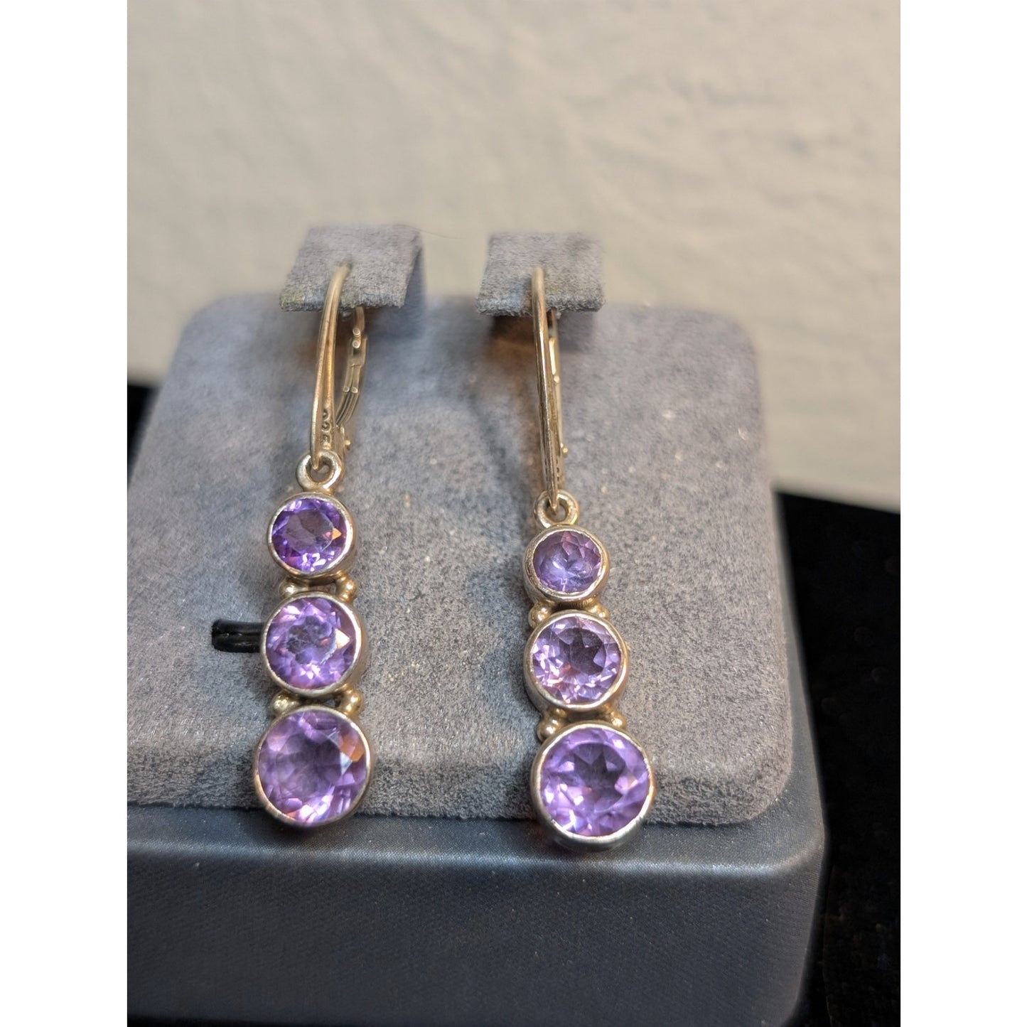 Three Round Graduated Bezel Set Amethyst Gemstone Sterling Lever Back Earrings
