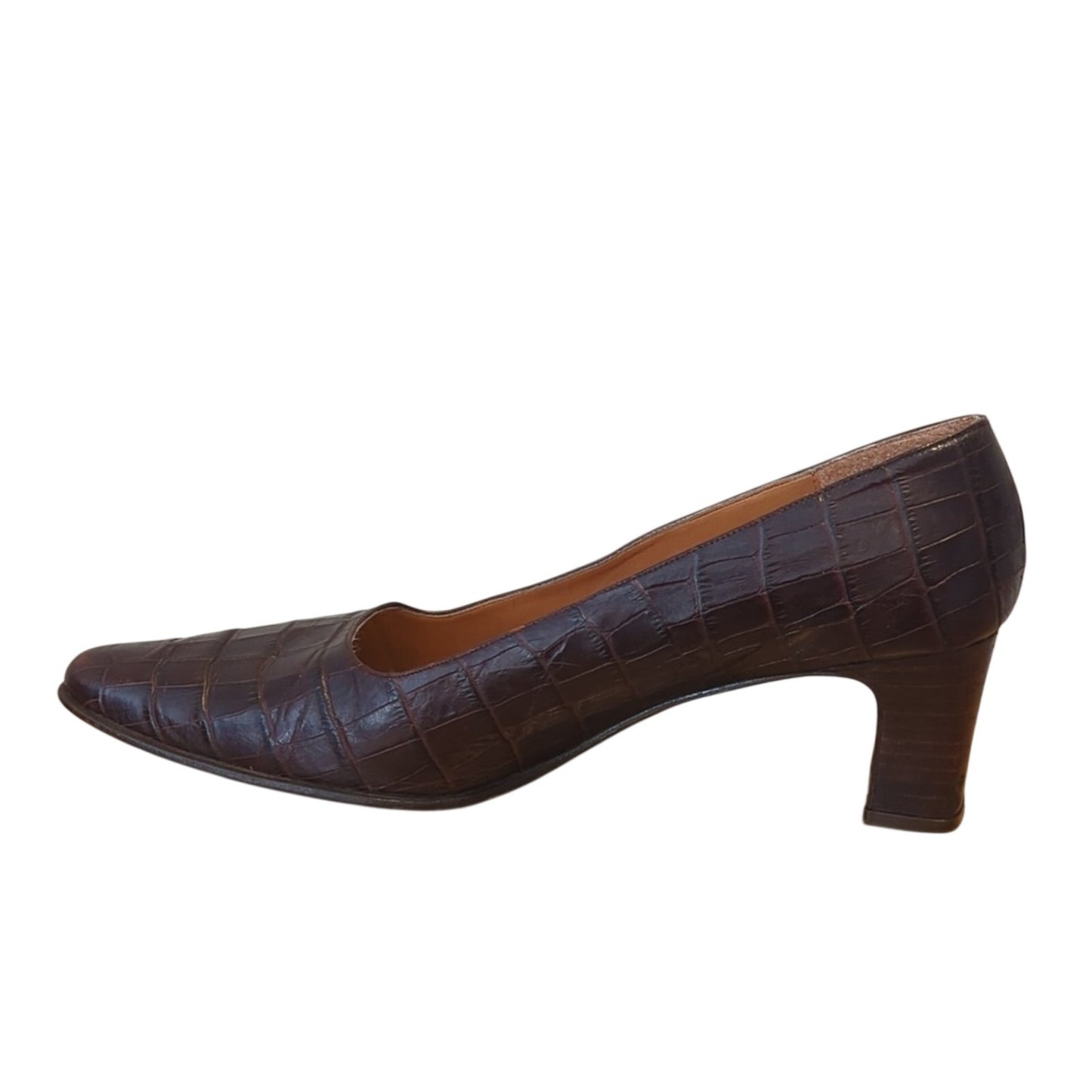 Ralph Lauren Classic Brown Leather Crocodile Embossed Almond Toe Pumps Size 8B