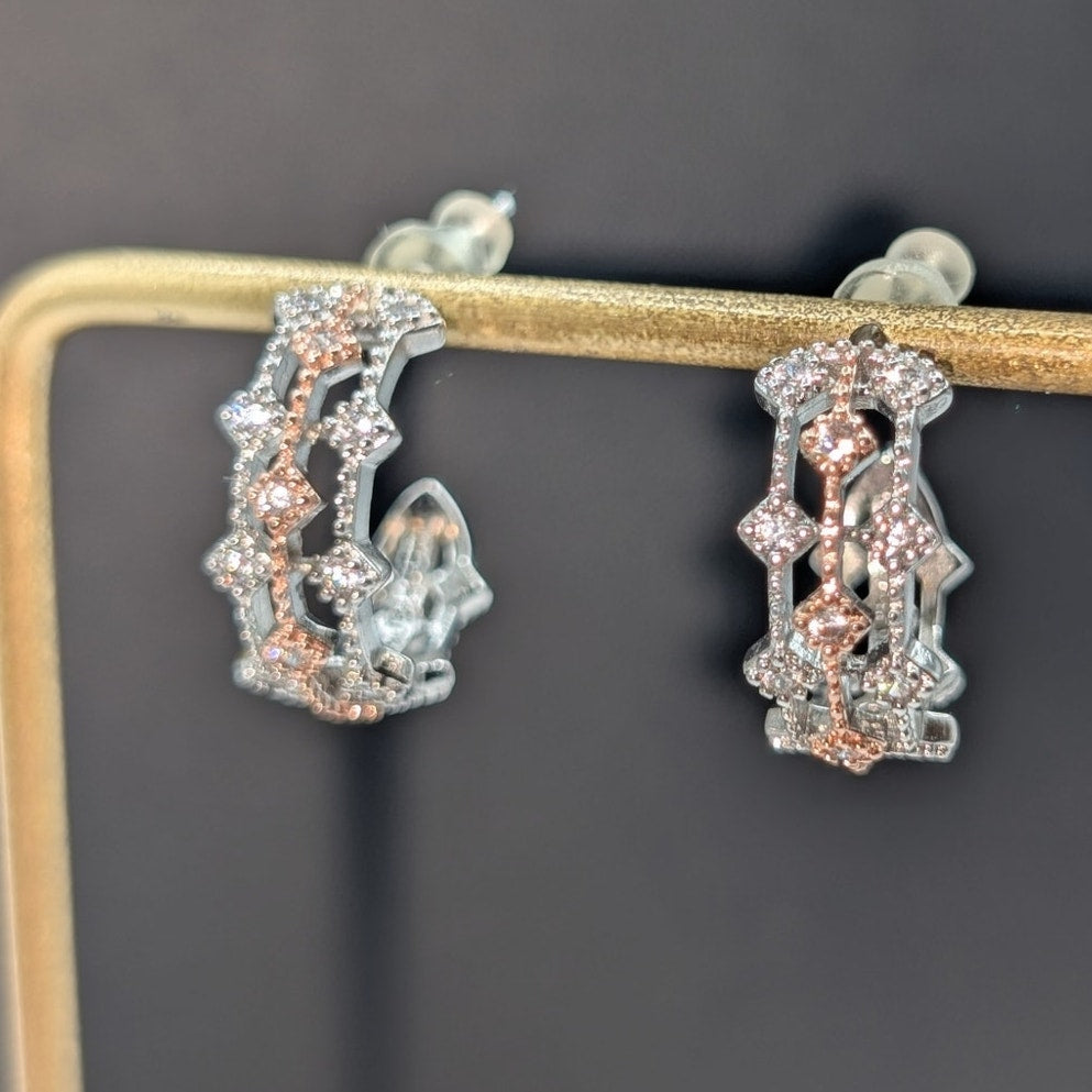 PAJ 925 Sterling Rose & Silver CZ Fancy Half Hoop Earrings