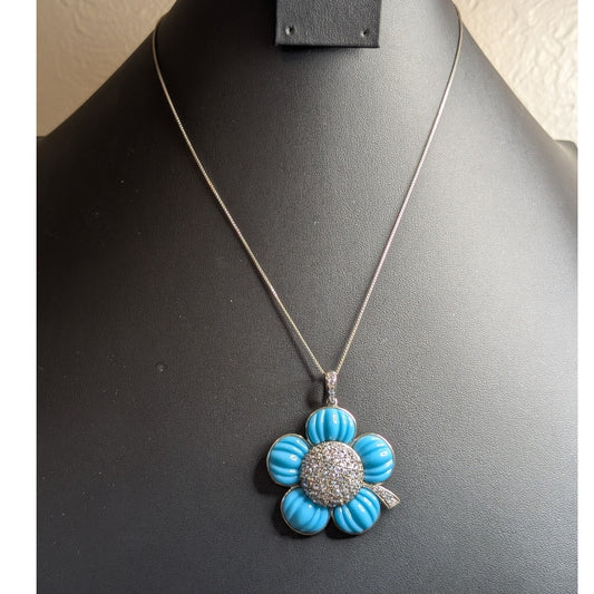 ROSS-SIMONS 925 Simulated Italian Turquoise CZ Flower Pendant Chain Necklace