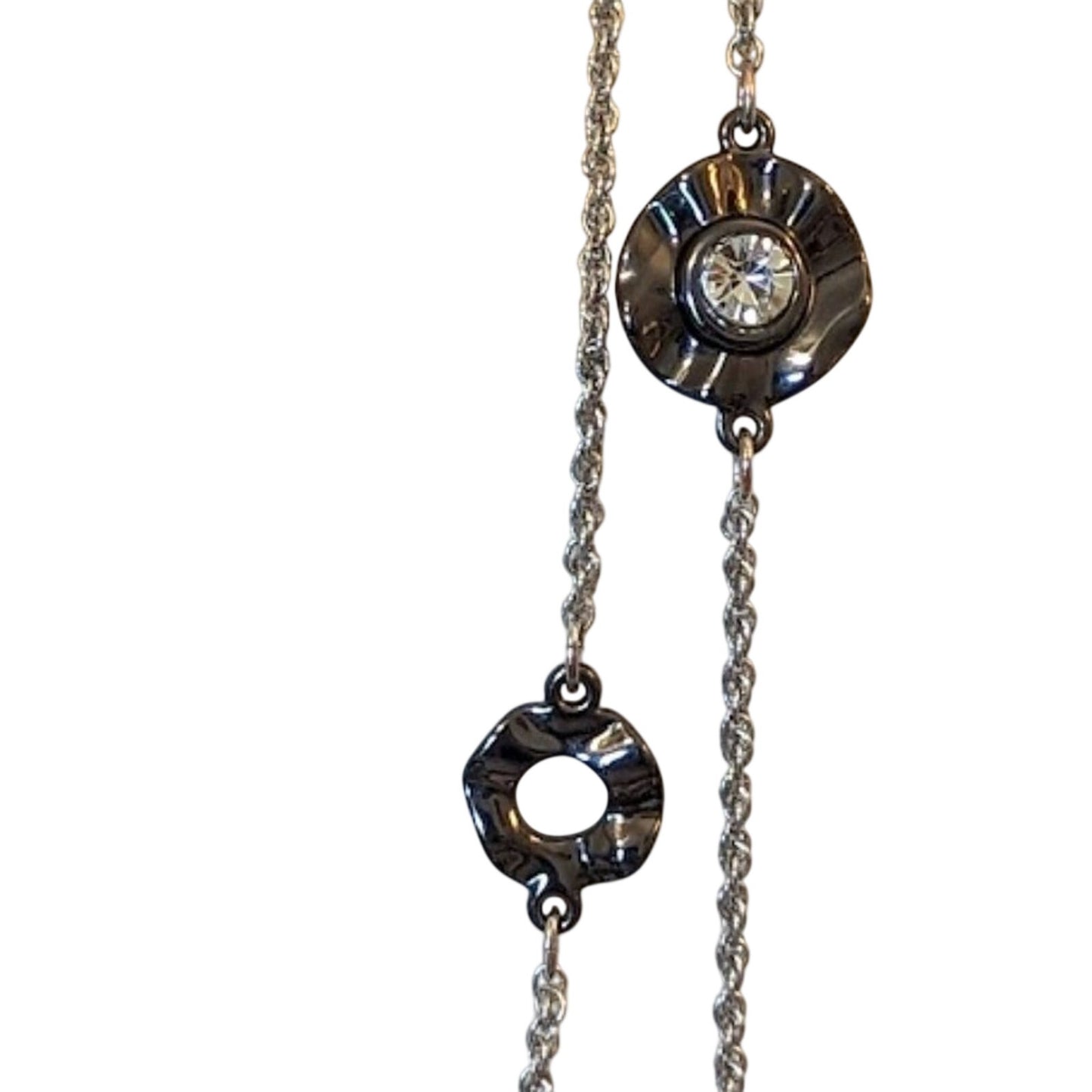 Chico's 50" Silver Tone Chain Necklace With Gun Metal Rhinestone Stations