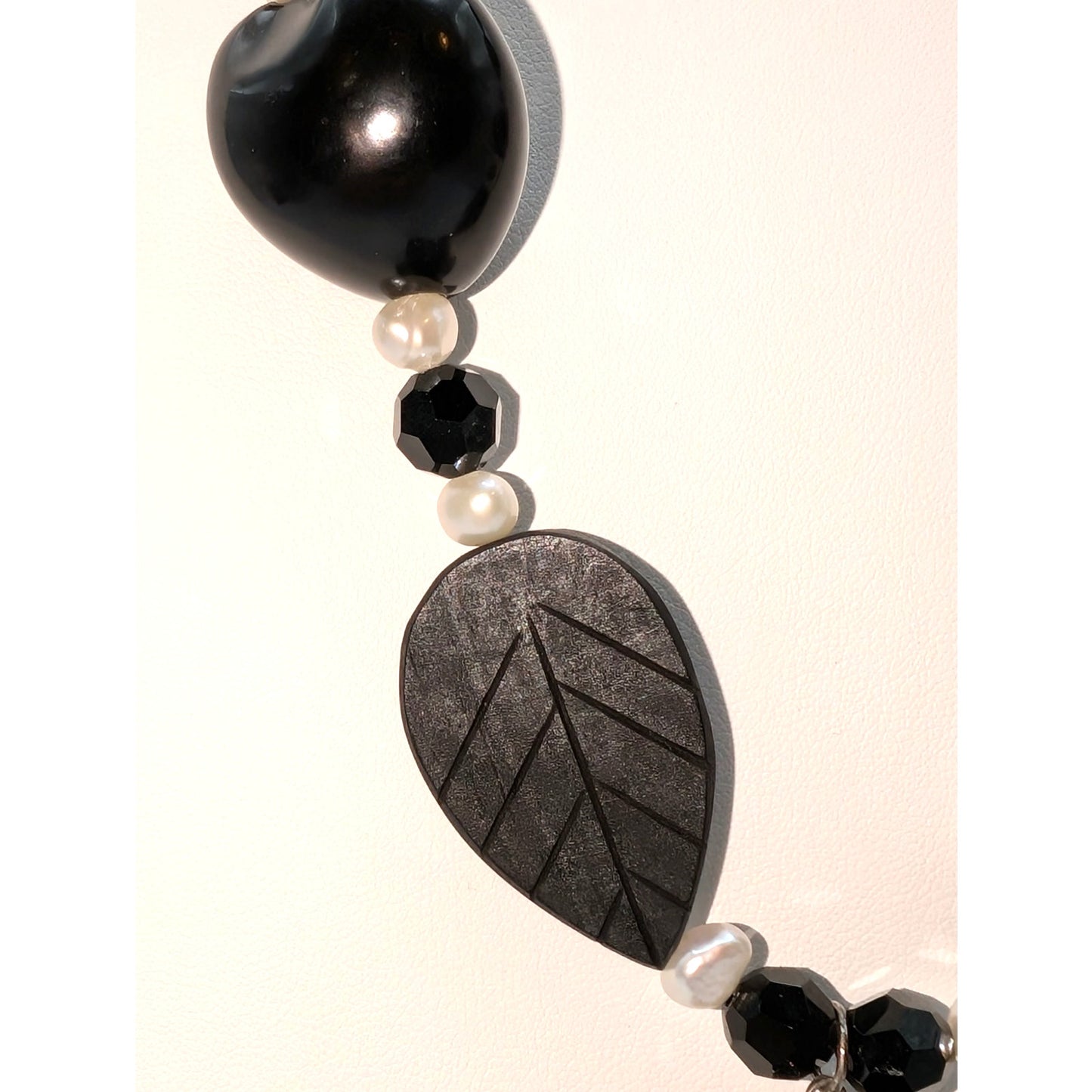 925 Sterling Pearl Black Carved Wood Leaf Tagua Nut Dangle Tassel Necklace
