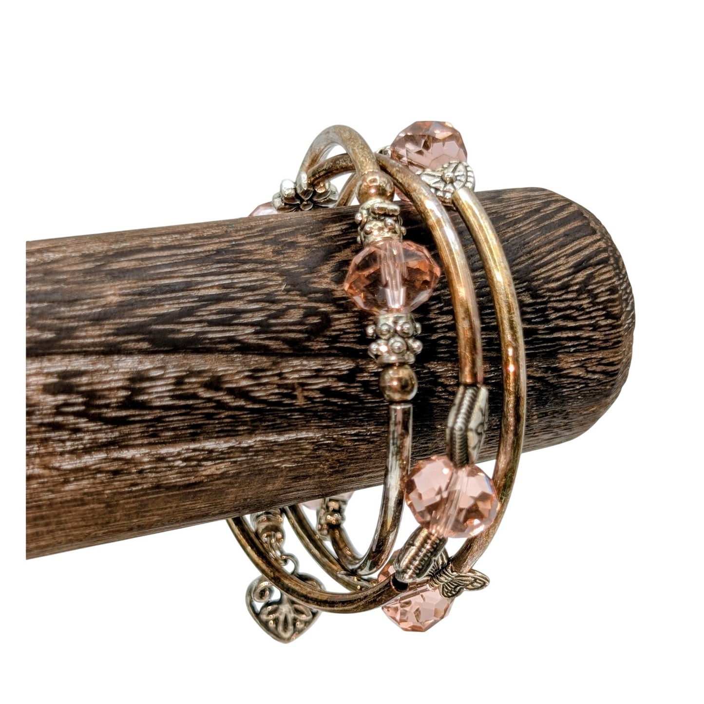 Lot of Three Pink Crystal Glass Two Tone Metal Bracelets