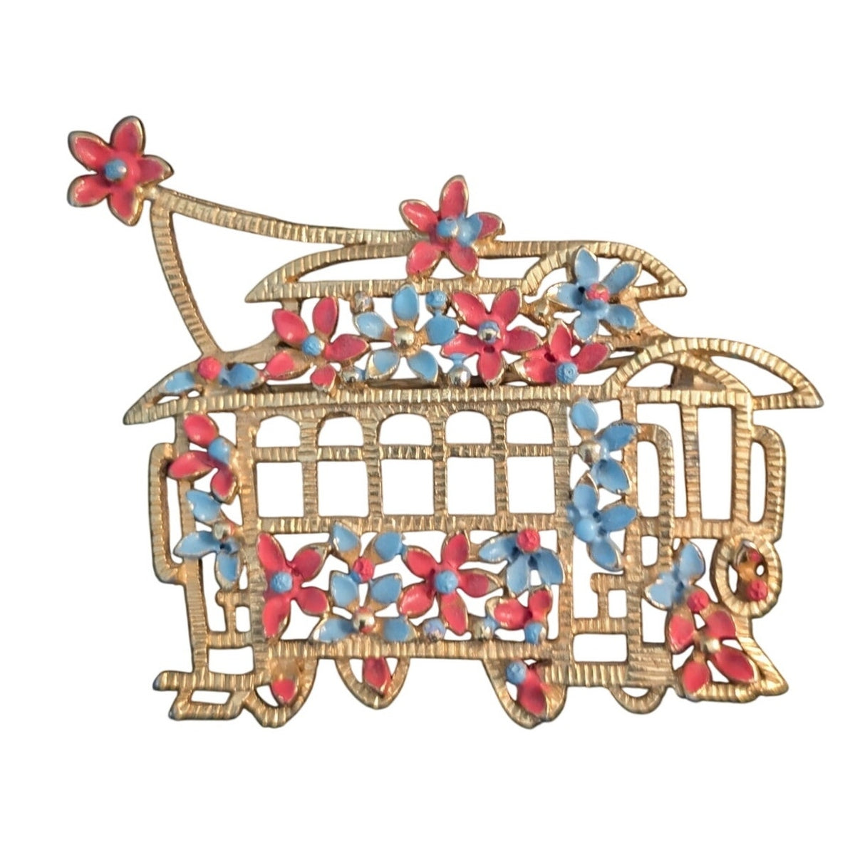 Vintage Signed Lisner Pink Blue Daisy Gold Tone Cable Car Brooch