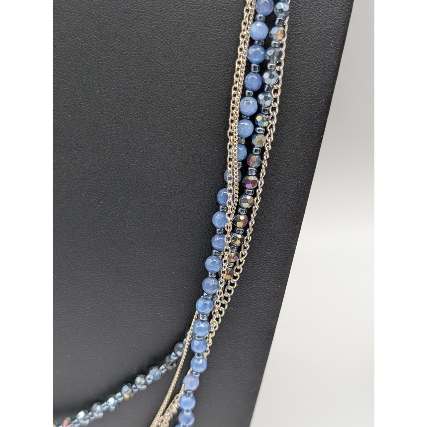 Silver Tone Multi-Chain Blue Bead Rawhide Adjustable Boho Necklace