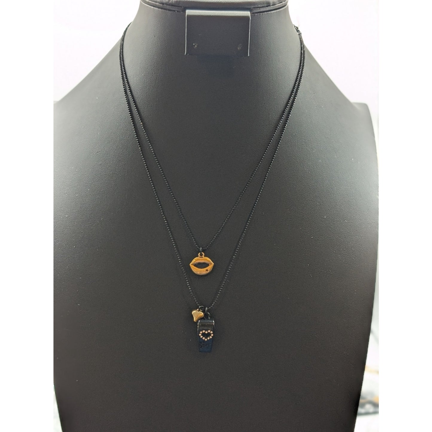 Betsey Johnson Black Gold Rhinestone Whistle Lips Heart Double Strand Necklace