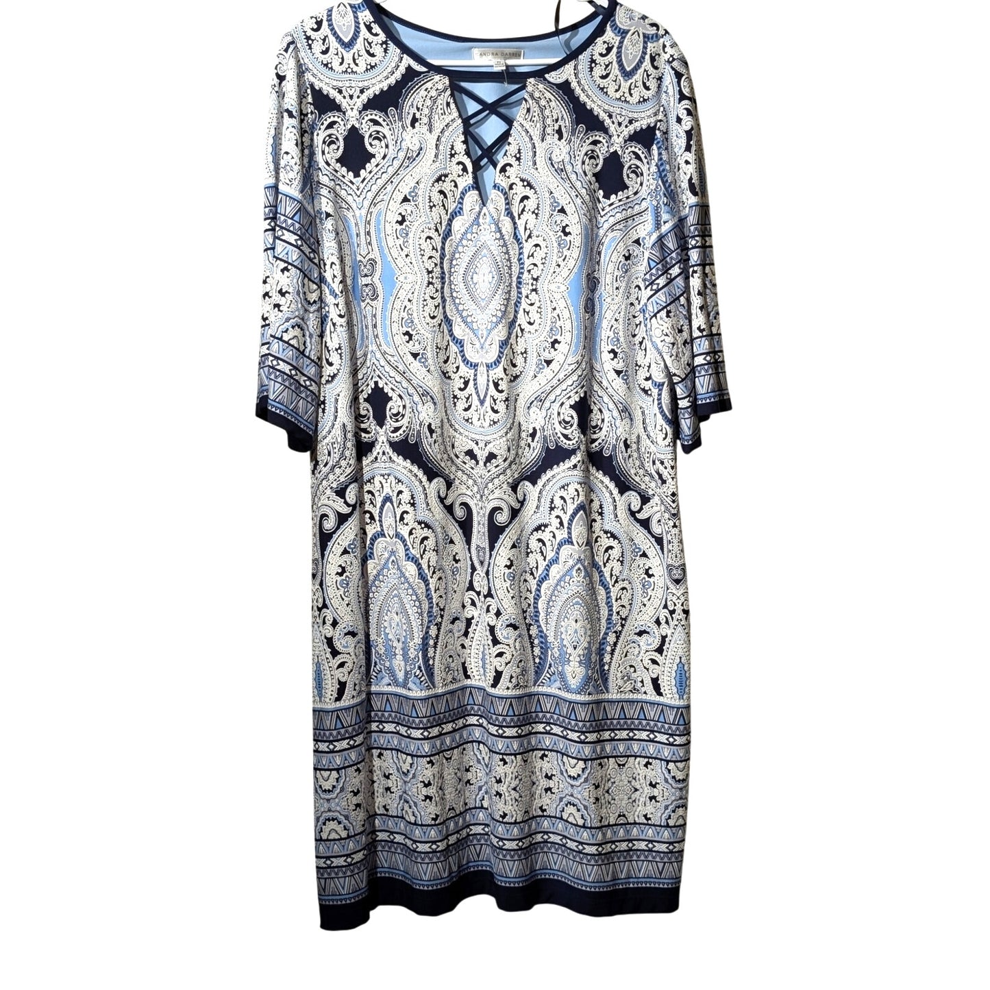 Sandra Darren Navy White Textured Mandala Shift Stretch Dress Womens' Sz 2X