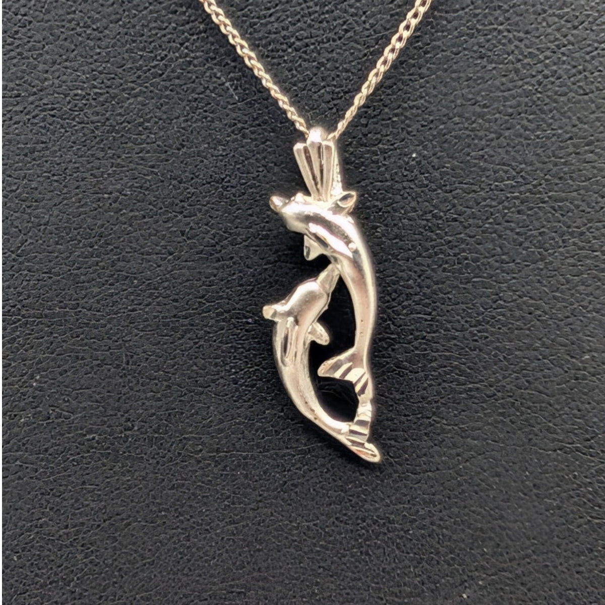 925 Sterling Silver Two Dolphins Playing Pendant 16" Chain Necklace