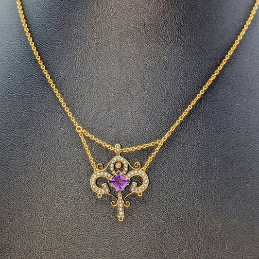 Antique 14k Yellow Gold Art Nouveau Amethyst Seed Pearl Festoon 15.5" Necklace