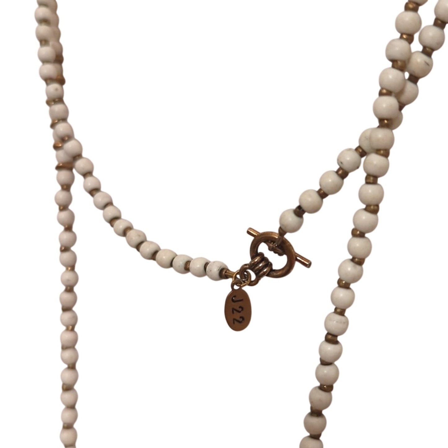 Marked J22 White/Gold Tone Bead  Inlaid Horn Pendant and Toggle Clasp Necklace