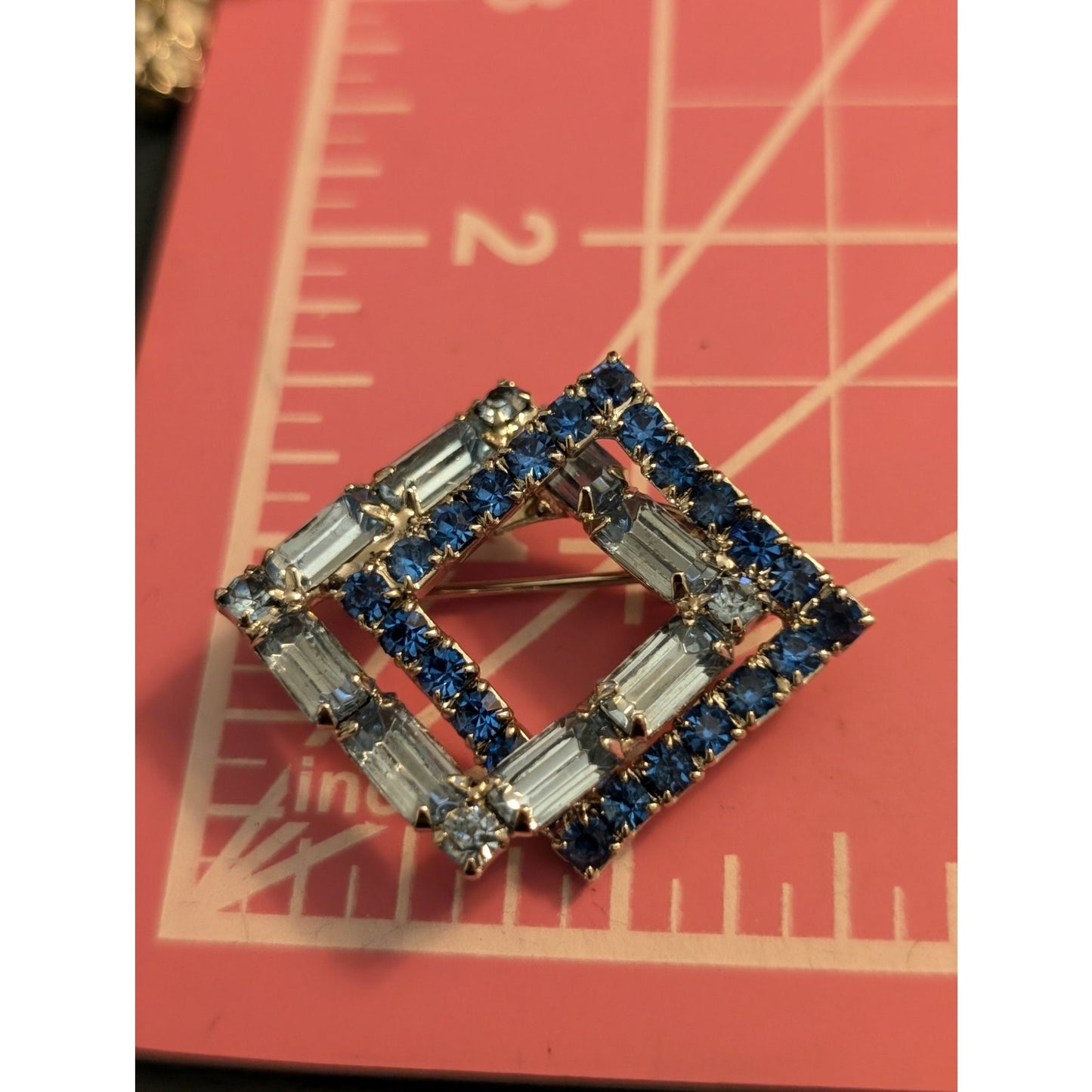 Vintage Double Diamond Ombre Baguette & Round Blue Rhinestone Brooch