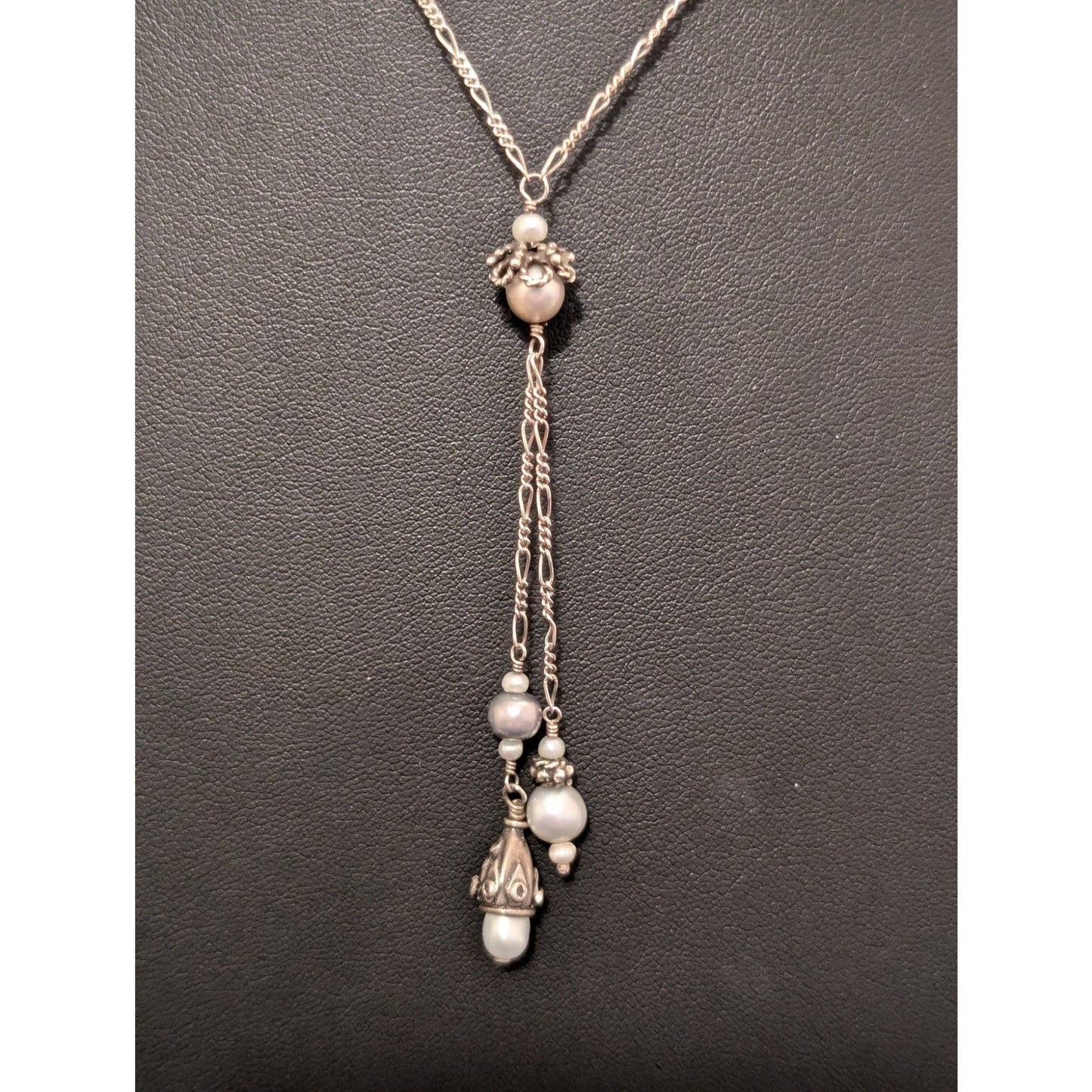Vtg Sterling Silver Figaro Gray White Multi-Shaped Pearl Crystal Y Necklace