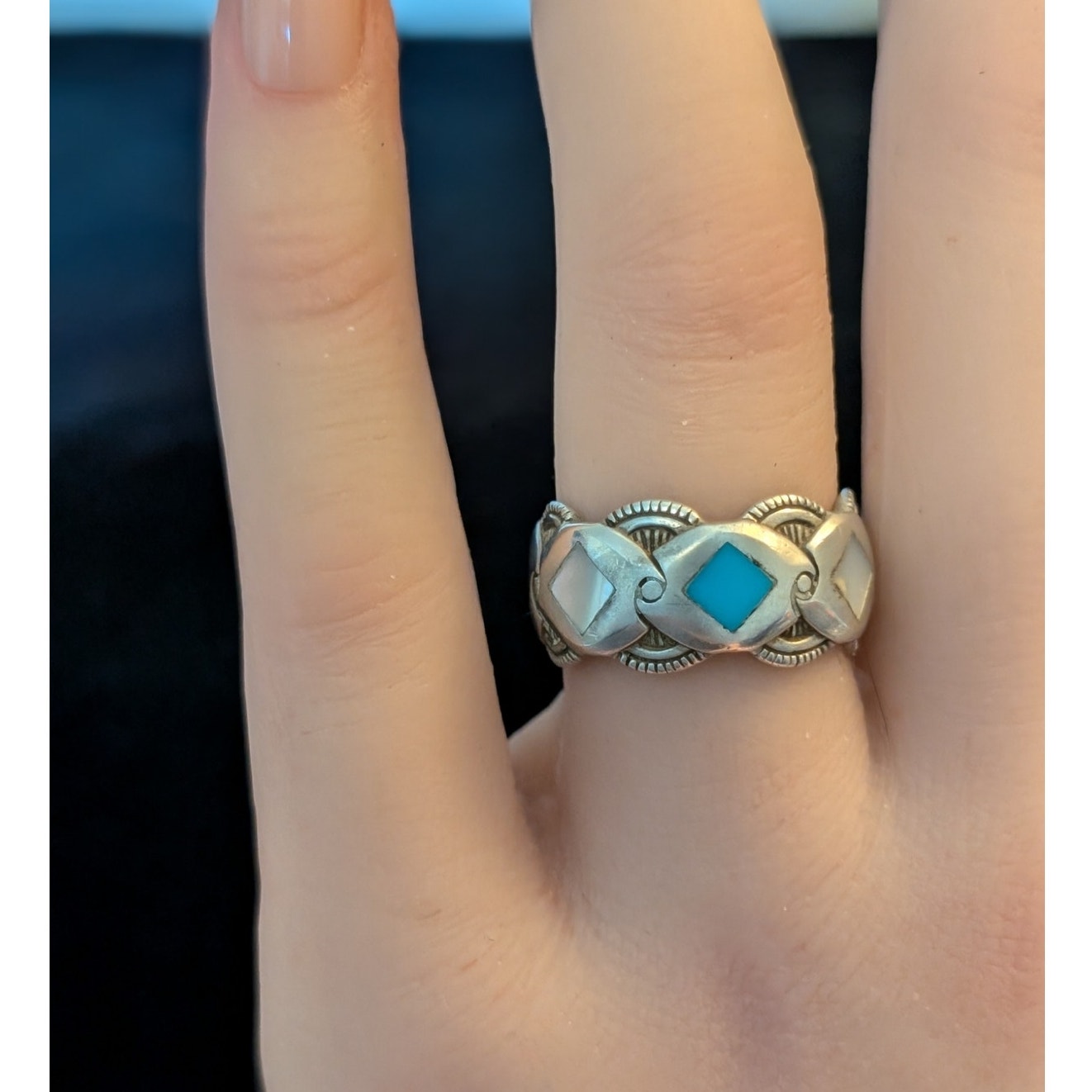 Vintage Signed 925 Sterling Turquoise & MOP Diamond Inlay Band Ring Size 6.75
