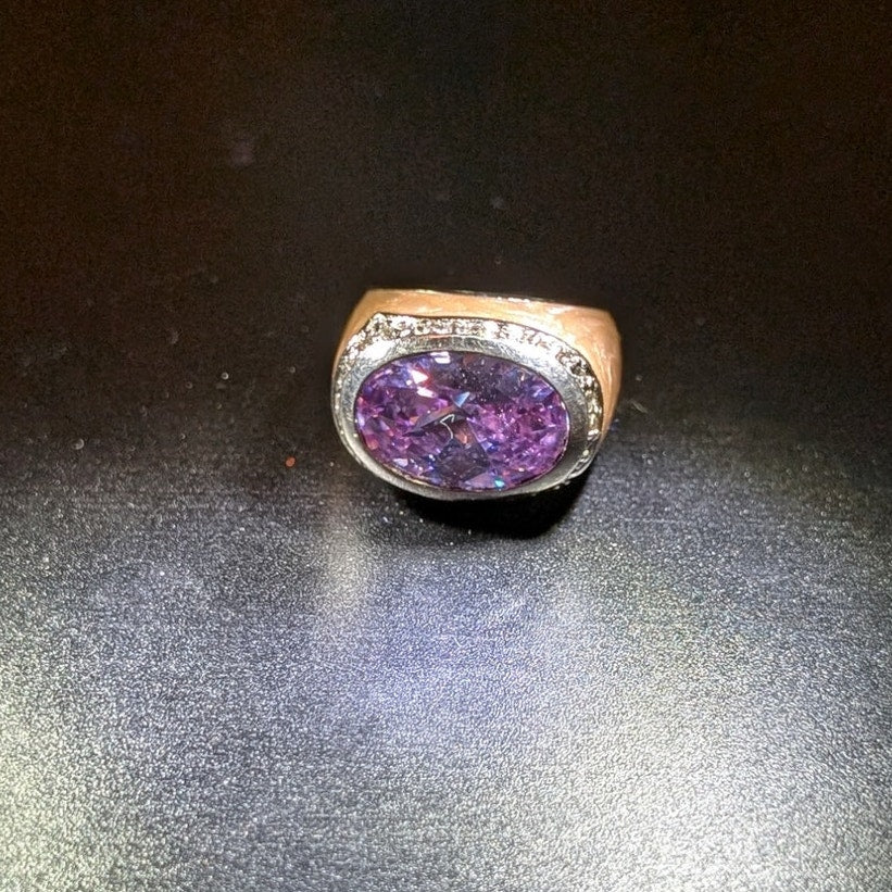 Signed LGA 925 Enamel Faceted Purple Crystal Center Stone Cocktail Ring Sz. 6