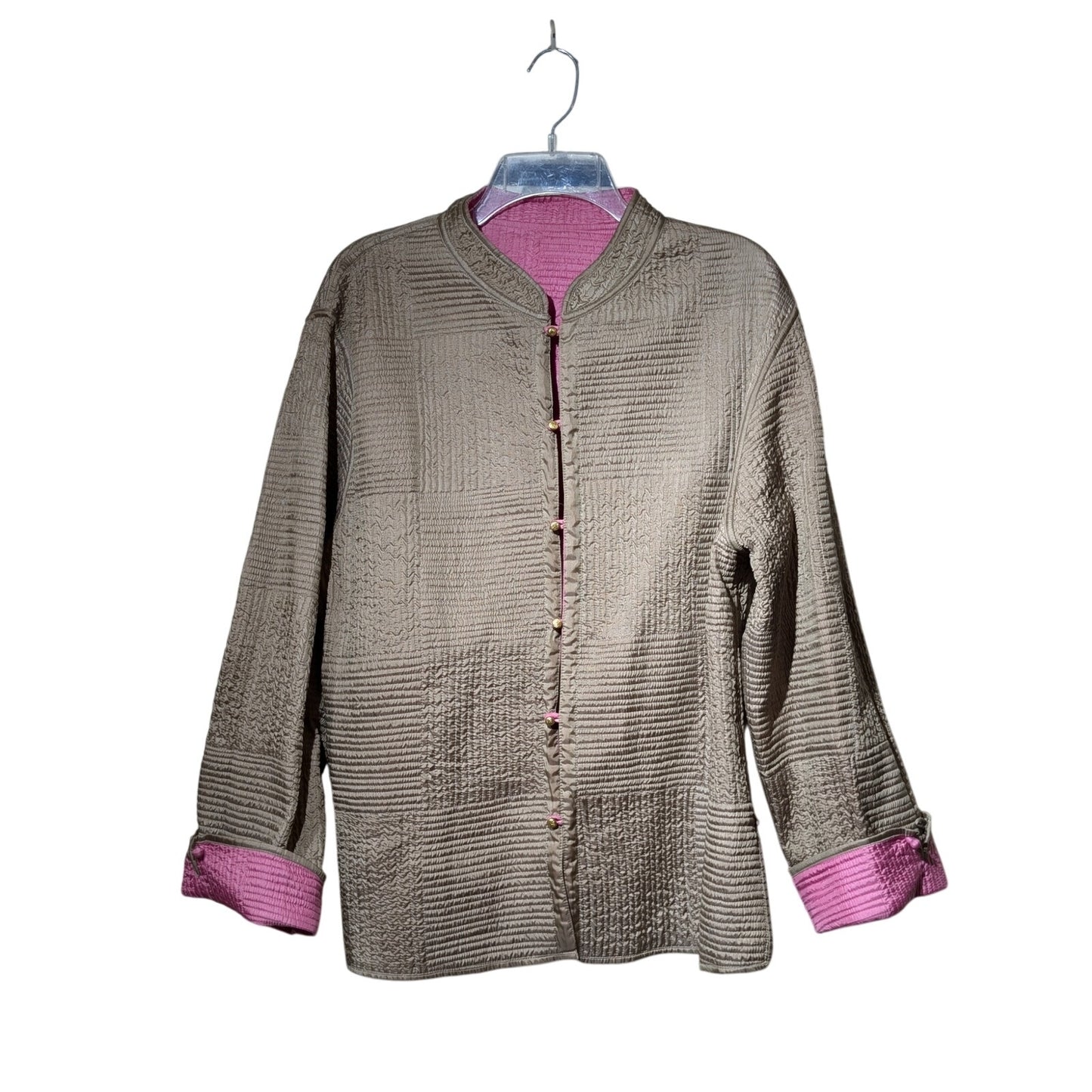 SAM HILU Tan & Pink Reversible Lightweight Quilted Jacket 100% Silk Womens Sz M