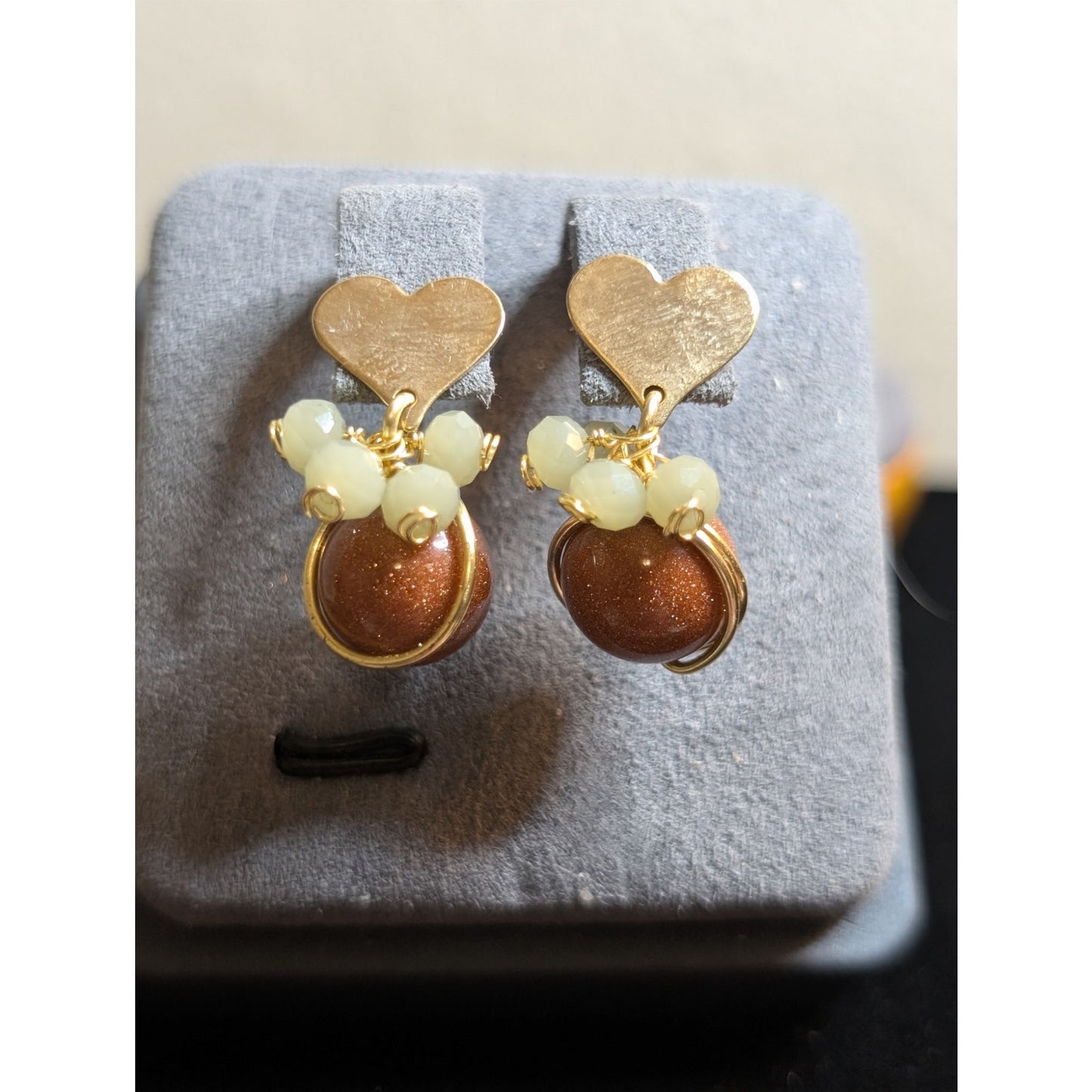 Gold Tone Heart Faux Gold Stone Beaded Post Dangle Earrings