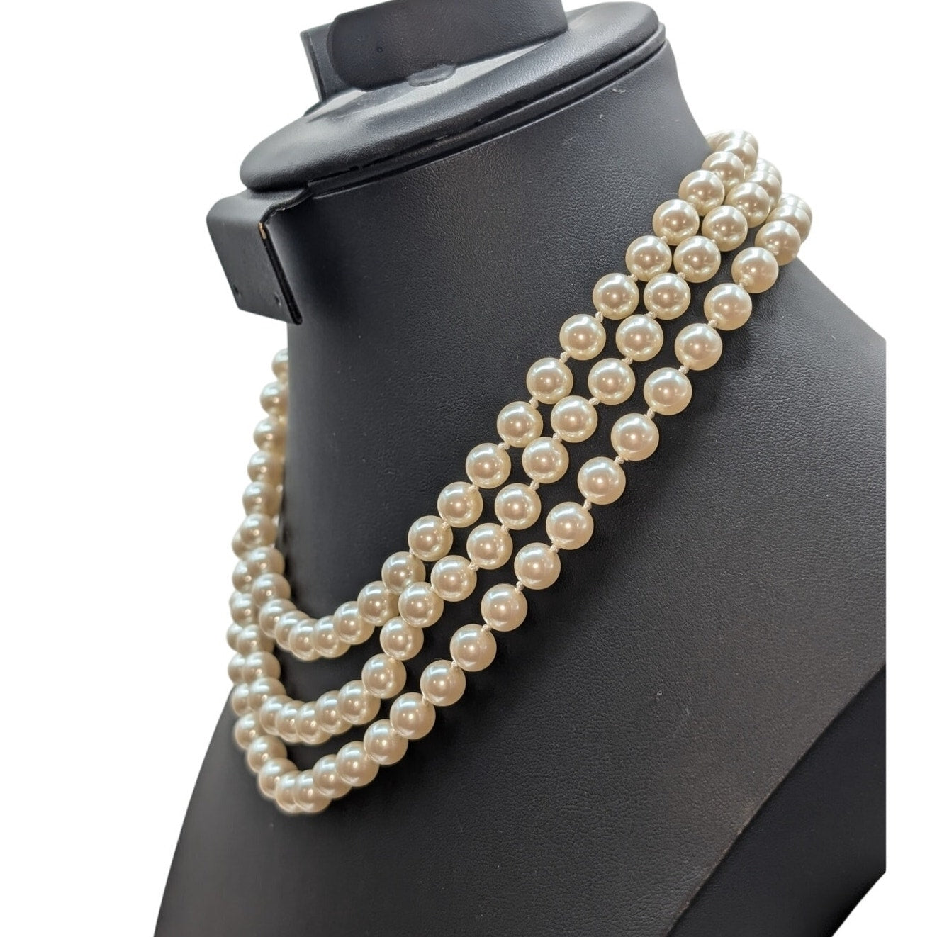 Carolee Three Strand Glass Faux Pearl Fancy Clasp Slide In 17" Necklace