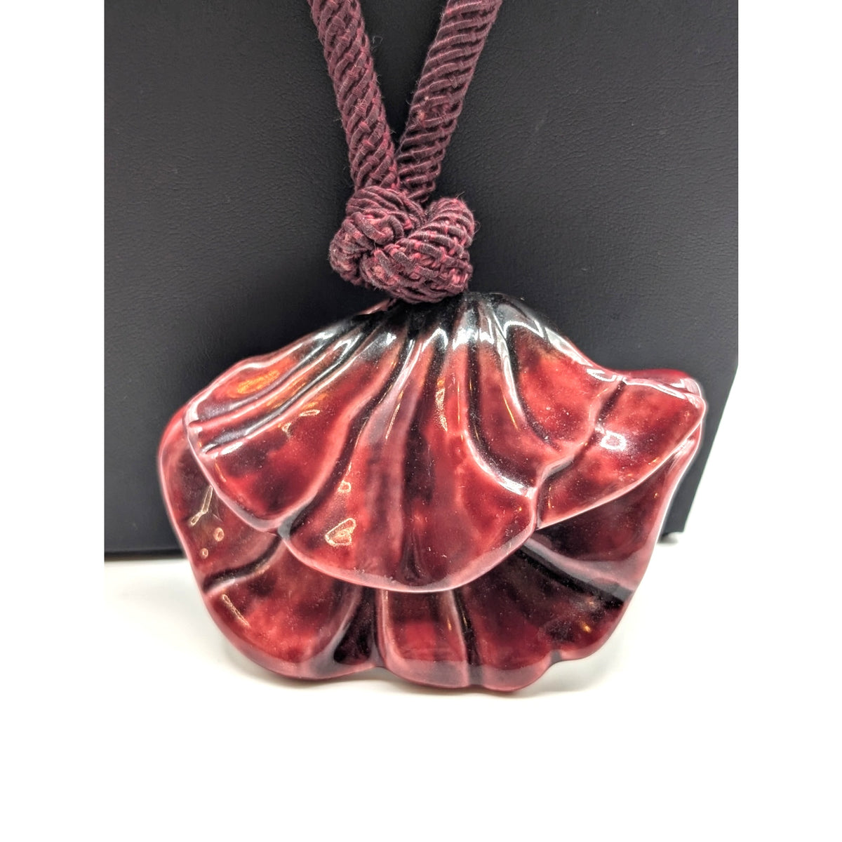 Carol Halmy Hand Made Porcelain  Burgundy Pendant Cord Necklace