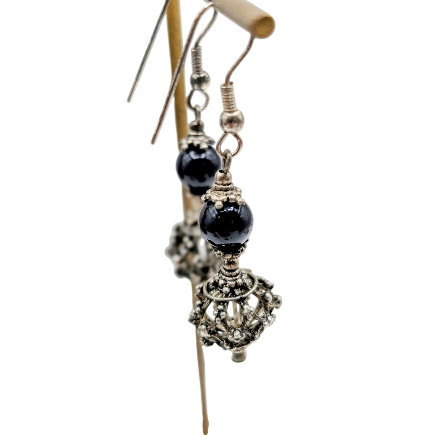 Black Glass & Lacy Silver Tone Ball Bead Dangle Wire Earrings