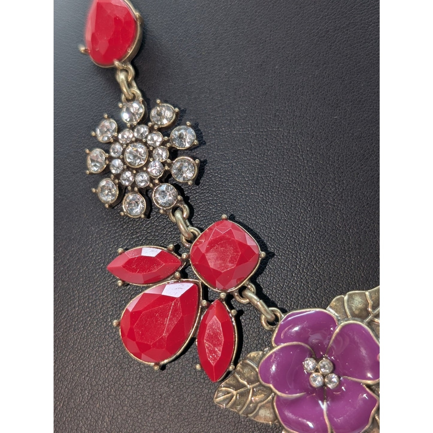 The Delta Box Red Bead Rhinestone Purple Enamel Flower Statement Necklace