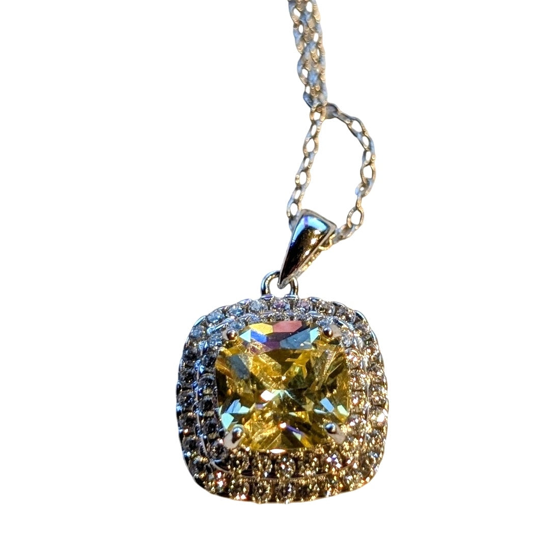 925 Sterling Silver White & Yellow CZ Pendant 18" Rolo Chain Necklace